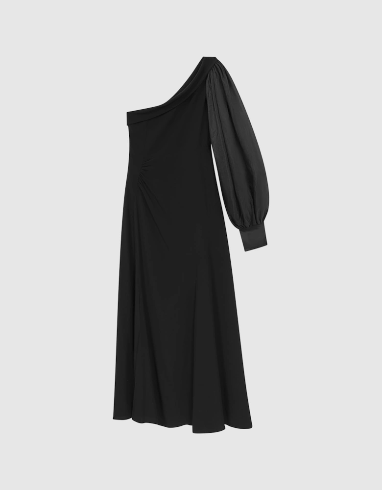 One-Shoulder Blouson Sleeve Midi Dress