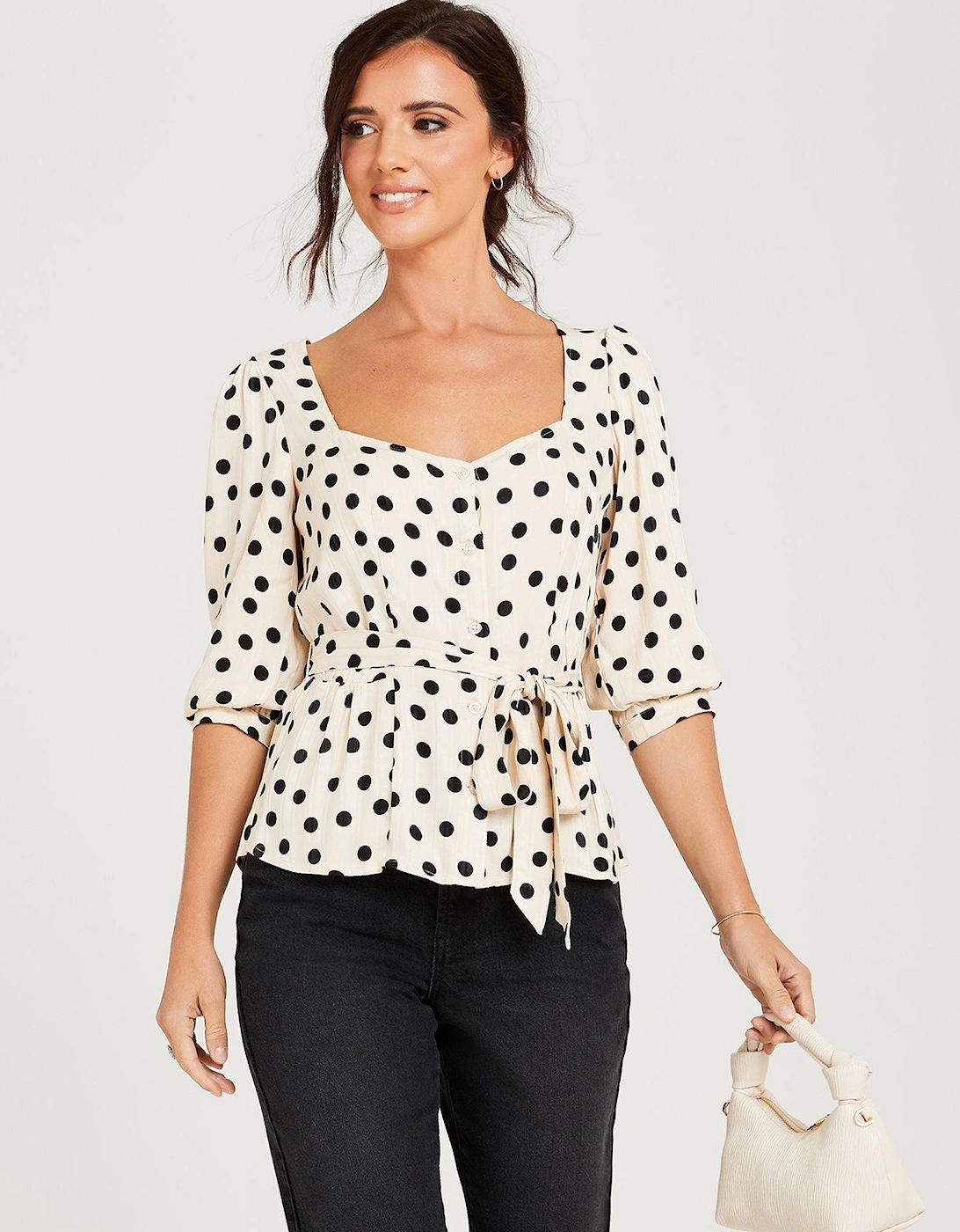 x V by Very Printed Sweetheart Tie Waist Polka Dot Blouse - Spot, 5 of 4