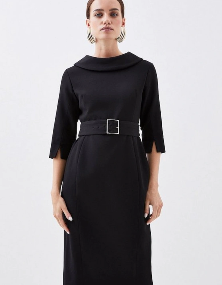 Petite Structured Crepe Roll Neck Belted Tailored Midi Dress