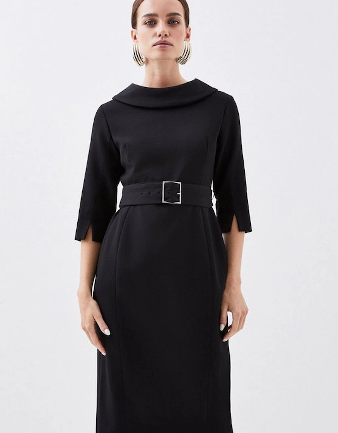 Petite Structured Crepe Roll Neck Belted Tailored Midi Dress, 5 of 4