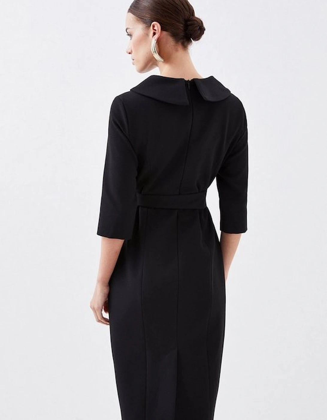 Petite Structured Crepe Roll Neck Belted Tailored Midi Dress