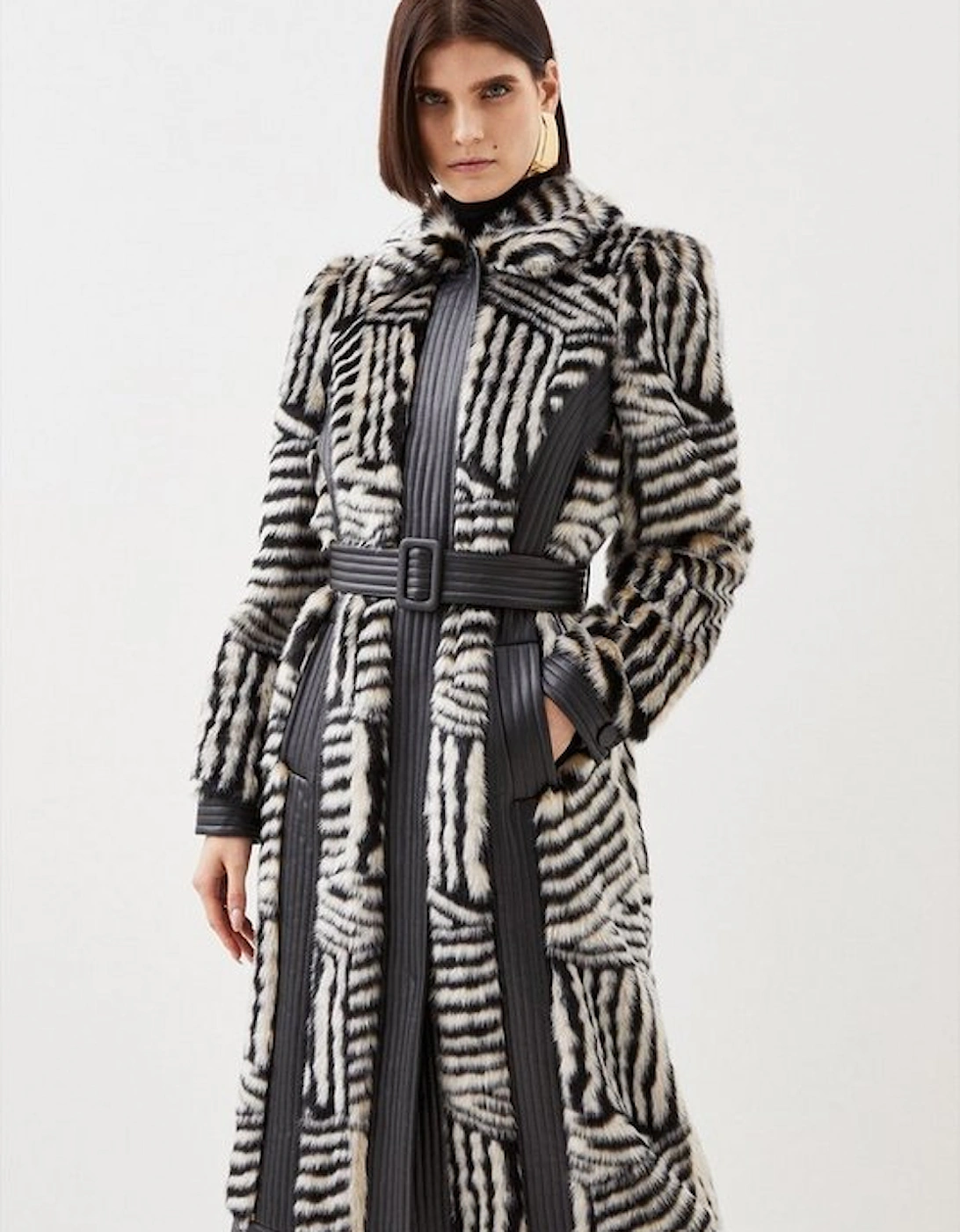 Faux Fur Pu Panelled Stripe Belted Coat, 5 of 4