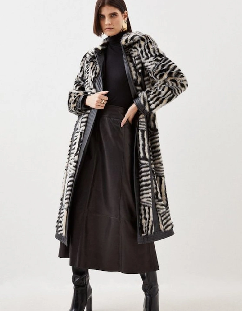 Faux Fur Pu Panelled Stripe Belted Coat