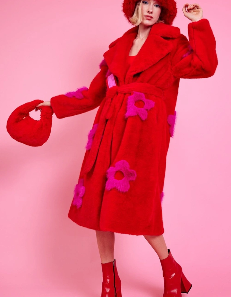 Eco Bamboo Red Faux Fur Coat with Pink Flower Detailing