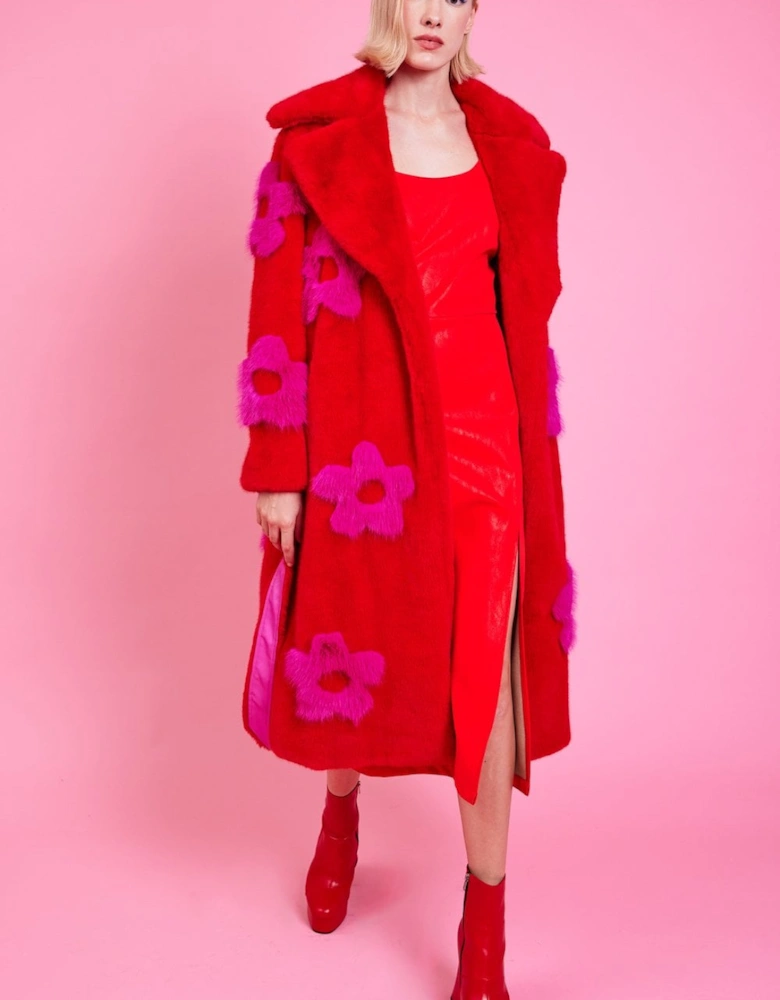 Eco Bamboo Red Faux Fur Coat with Pink Flower Detailing