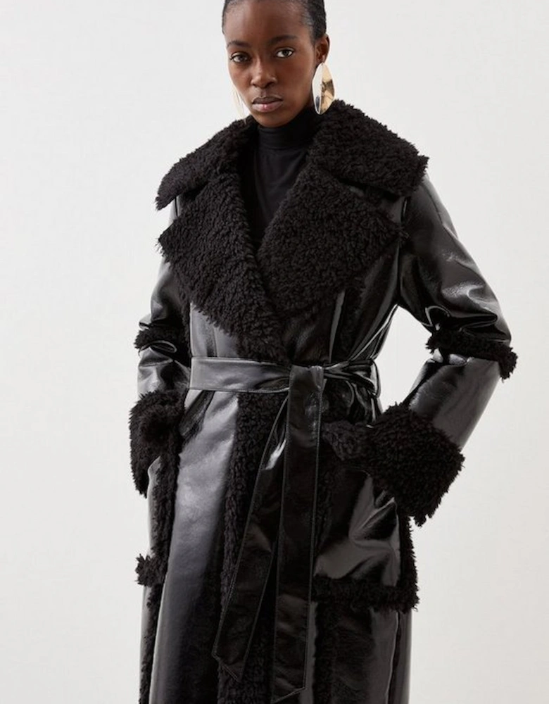 Contrast Cuff And Collar Vinyl Belted Long Coat