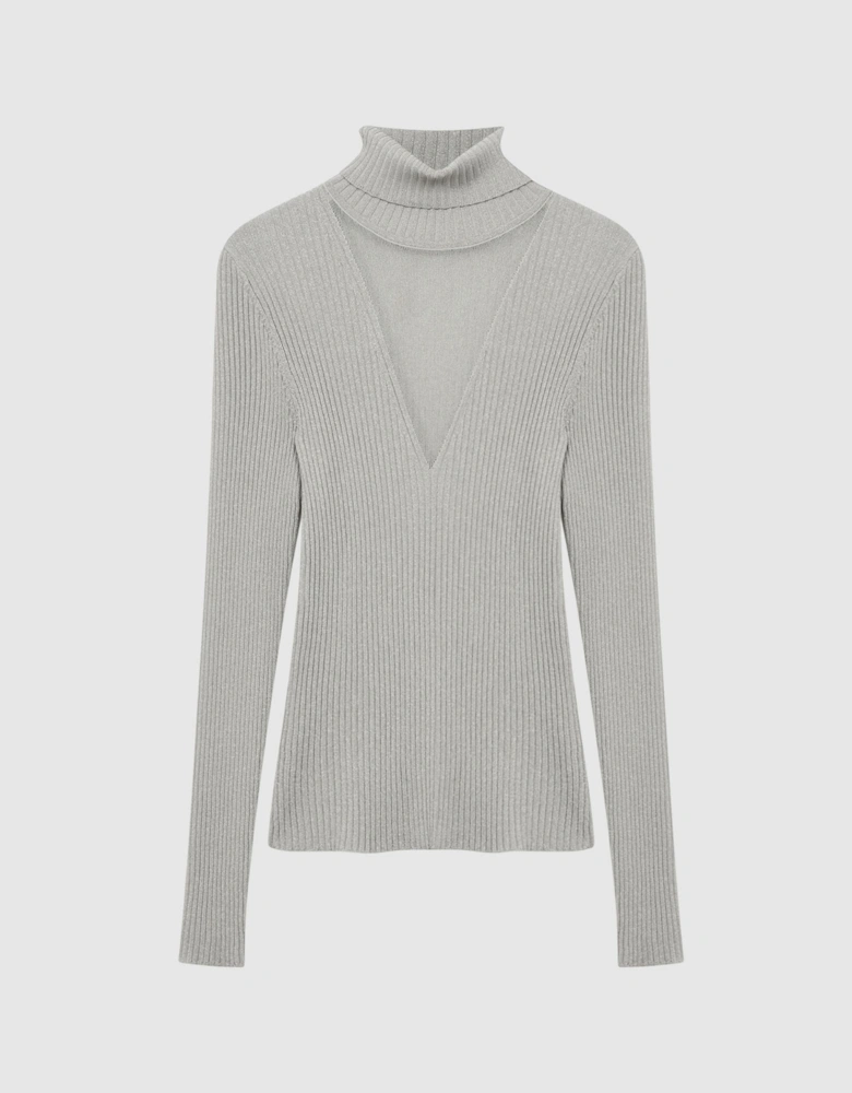 Metallic Ribbed Mesh Panel Funnel Neck Top