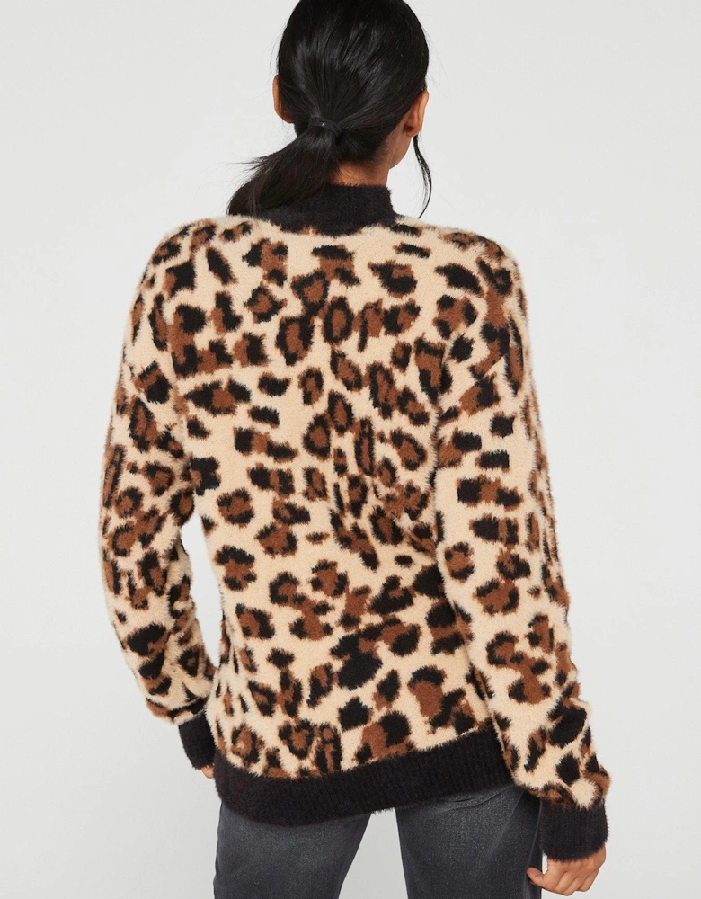 Animal Print Turtleneck Knitted Jumper - Leopard