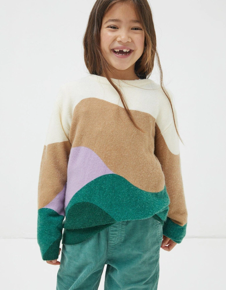 Girls Patterned Crew Knitted Jumper - Multi