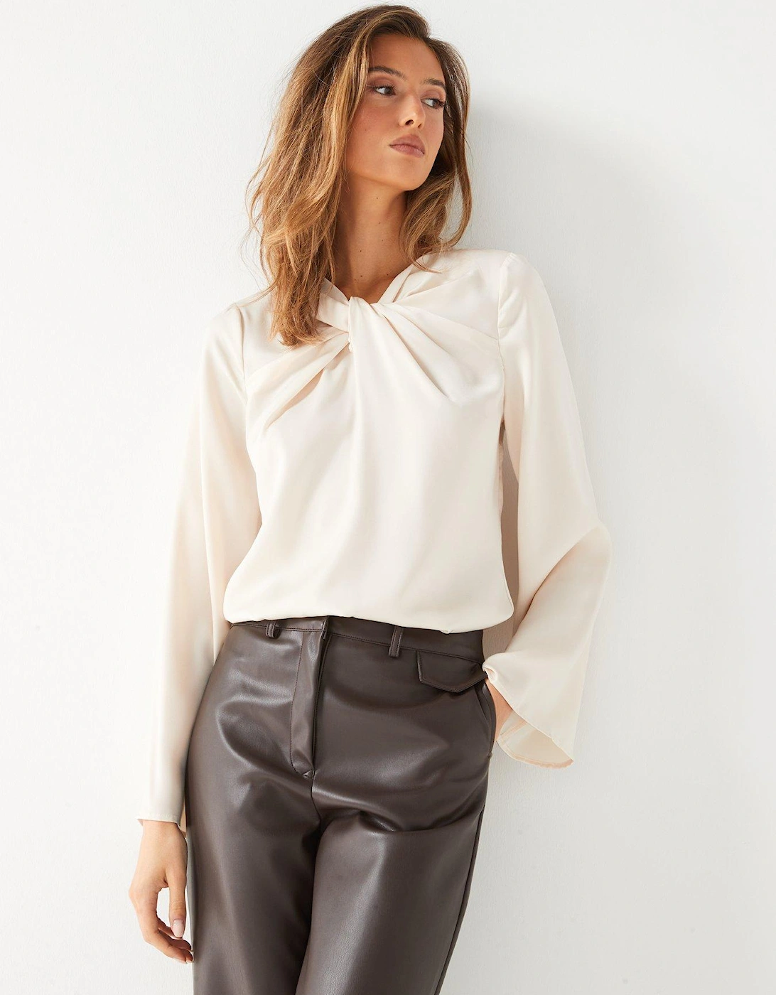 Satin Twist Neck Blouse - Beige