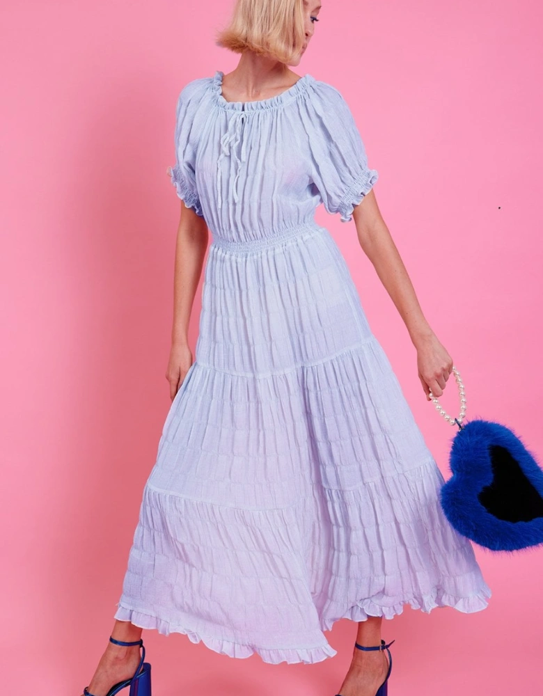 Blue Silk Blend Maxi Ruffle Dress