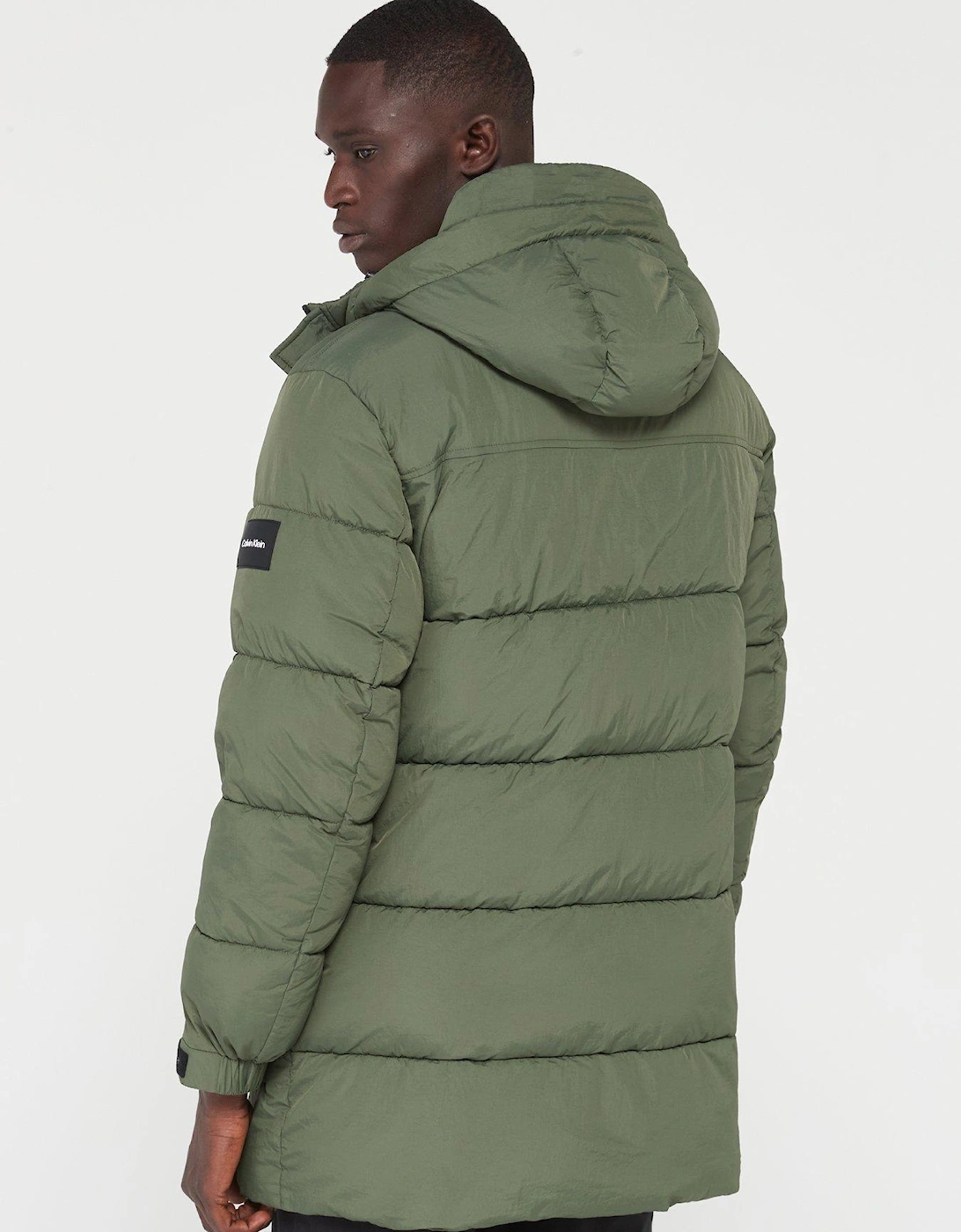 Crinkle Nylon Longline Quilted Jacket - Green