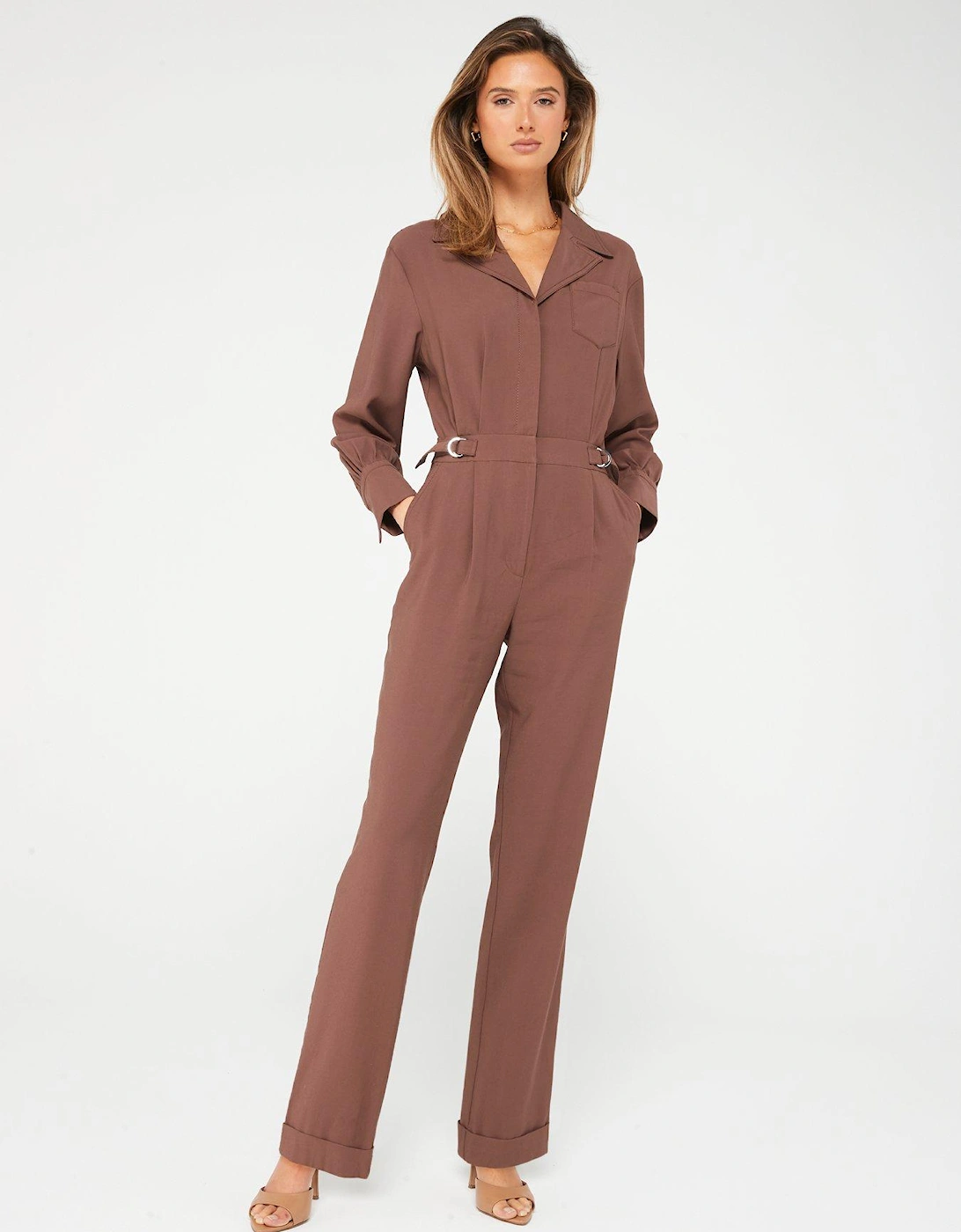 Contrast Stitch Long Sleeve Tapered Jumpsuit