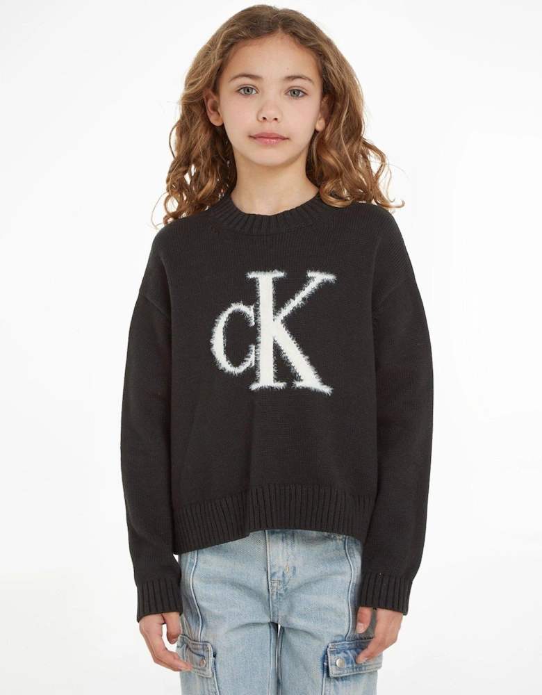 Girls Fluffy Monogram Sweater - CK Black
