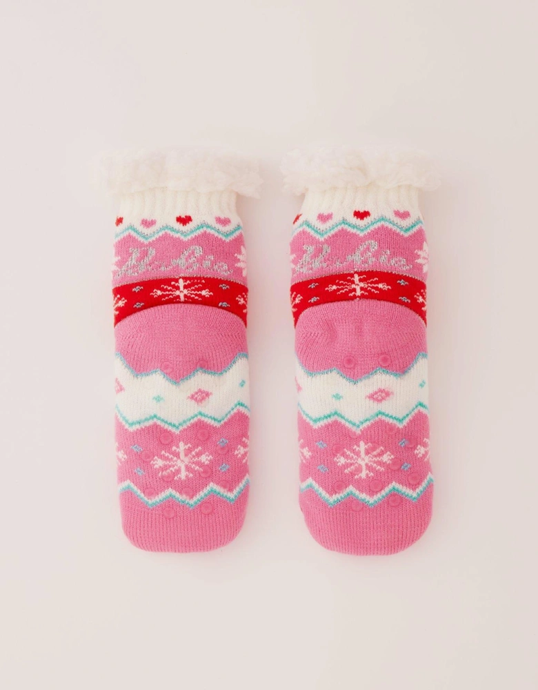 Fairisle Knitted Slipper Socks - Pink