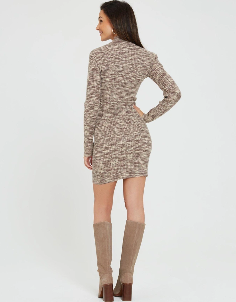 Space Dye High Neck Knitted Mini Dress - Brown