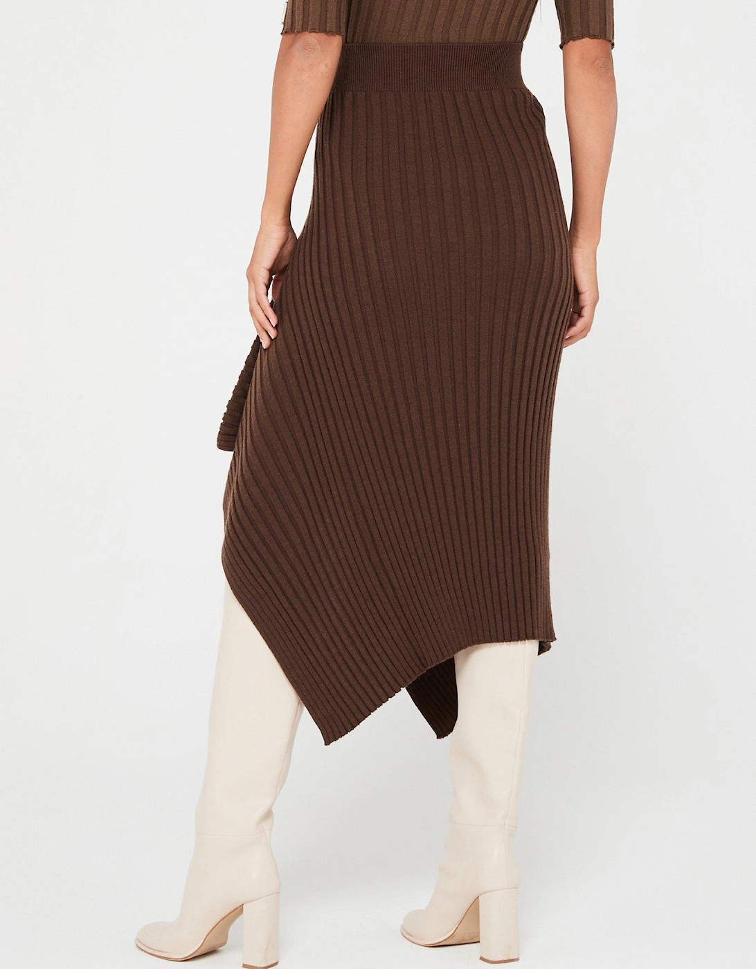 Asymmetric Knitted Midi Skirt - Brown