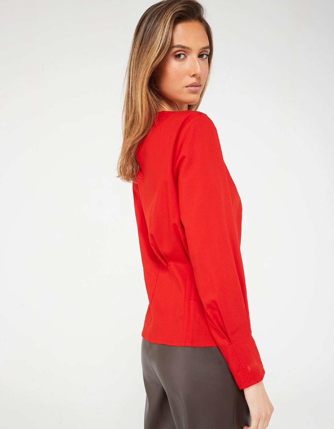 Long Sleeve Gathered Neck Corset Blouse - Red