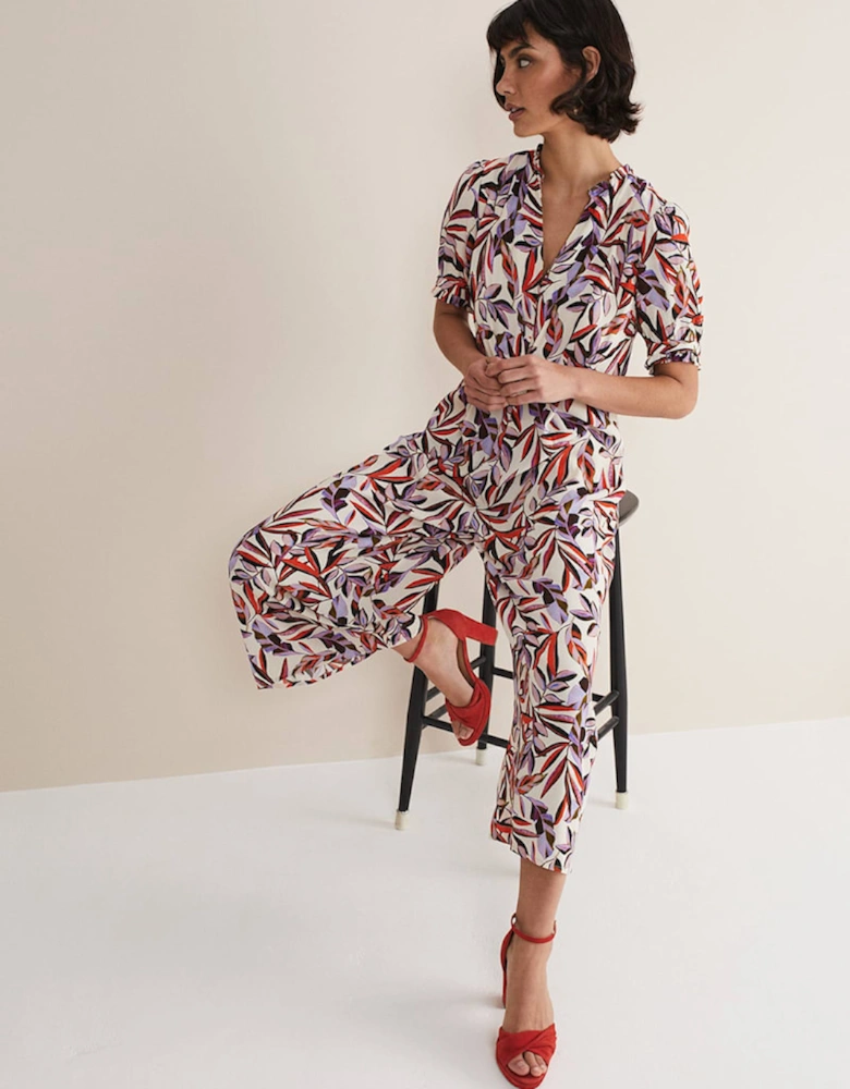 Astrid Leaf Print Cropped Wide Leg Jumpsuit