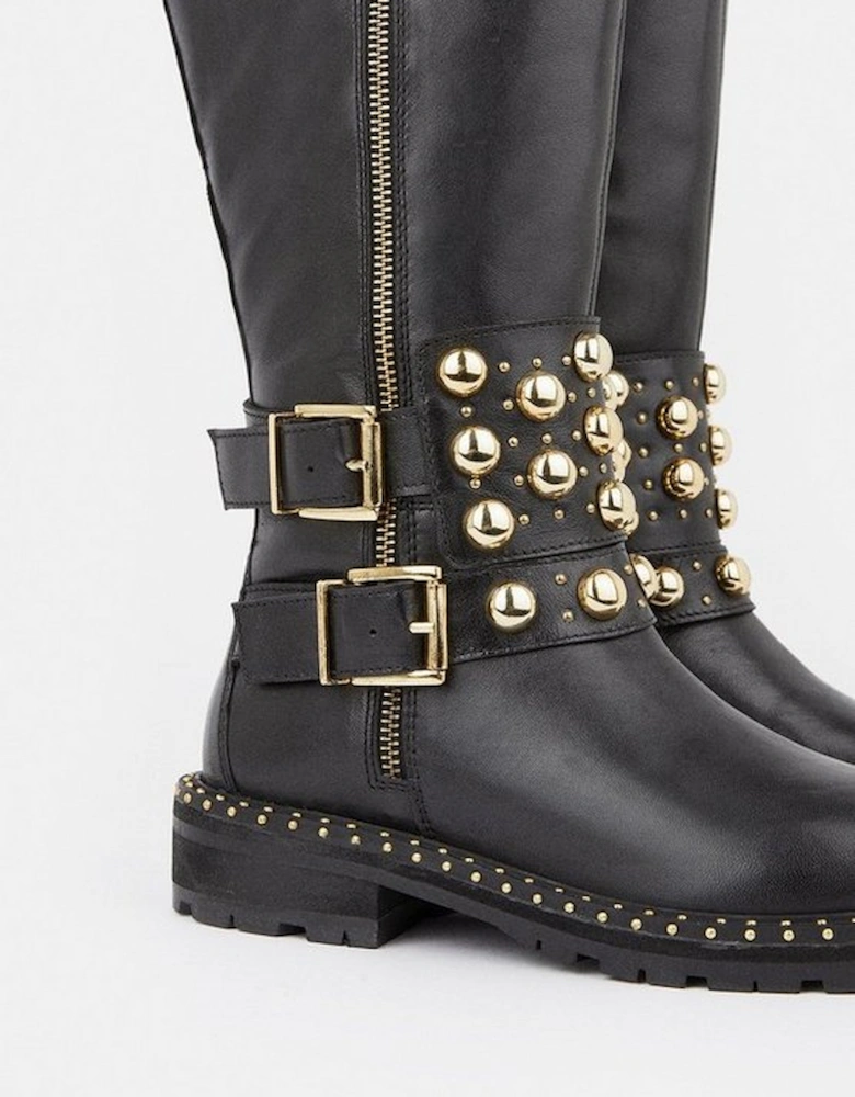 Leather Studded Statement Knee High Boot
