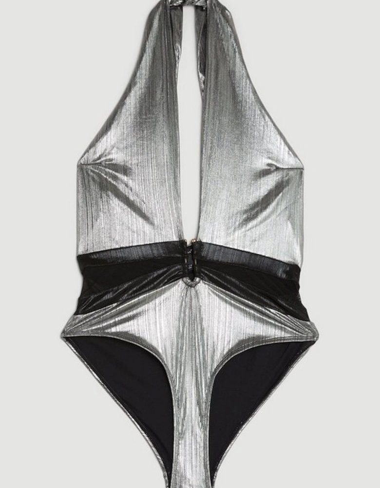 Silver Foiled Cross Neck Swimsuit