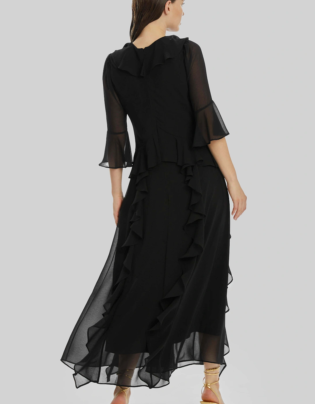 V-neck Chiffon Ruffle Dress In Black