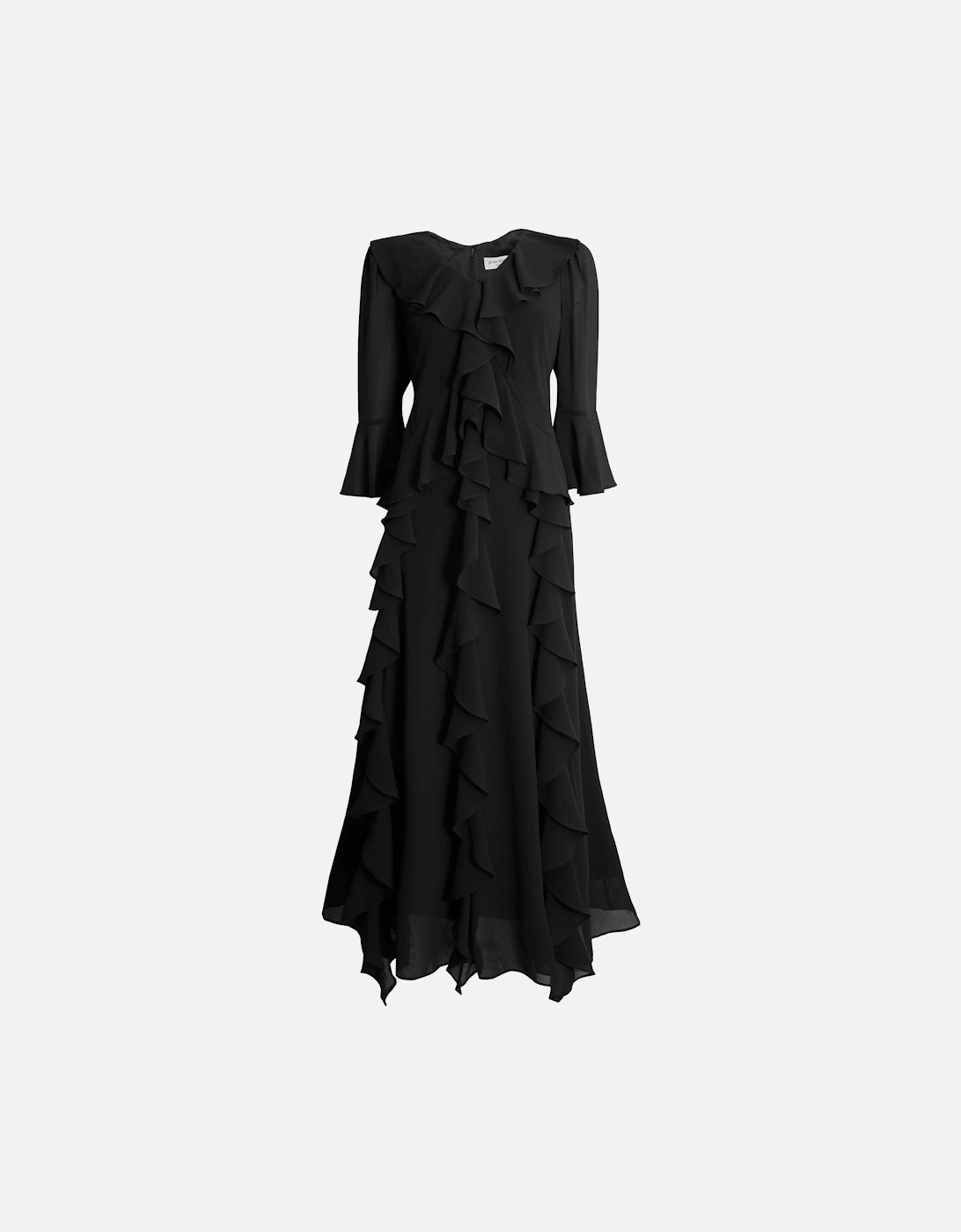 V-neck Chiffon Ruffle Dress In Black