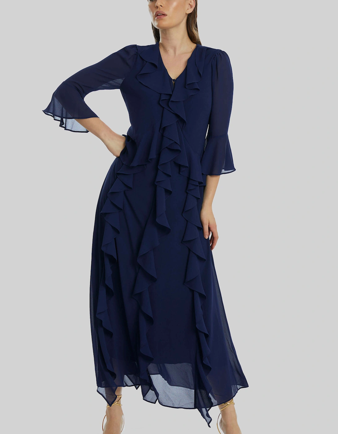 V-neck Chiffon Ruffle Dress In Navy, 6 of 5