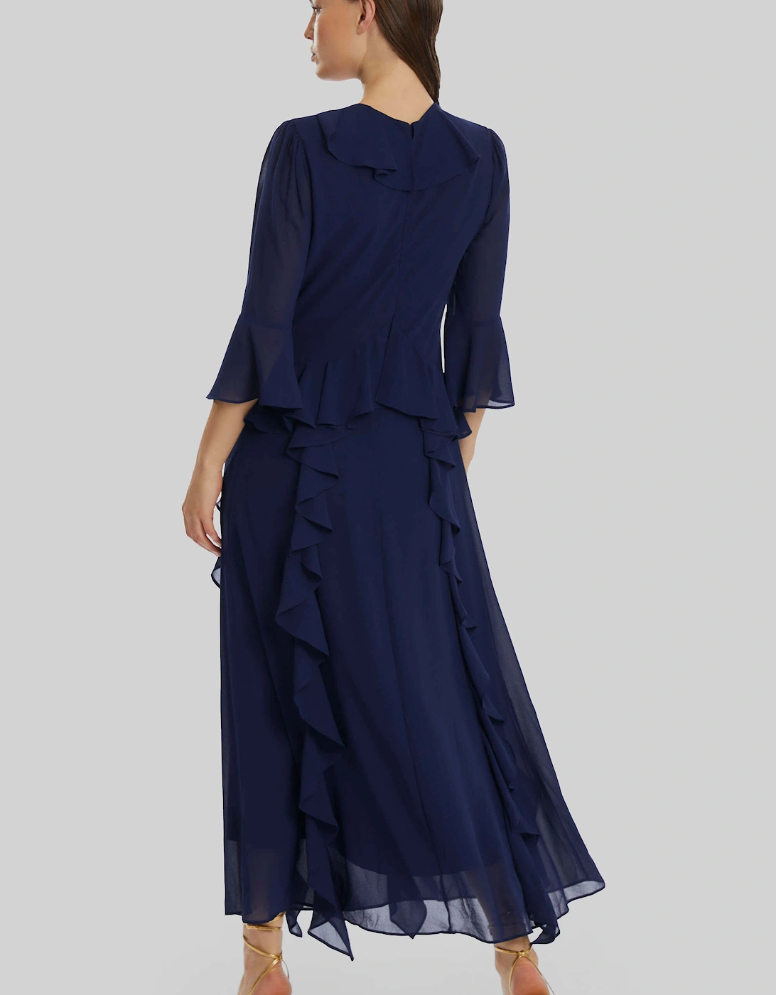 V-neck Chiffon Ruffle Dress In Navy