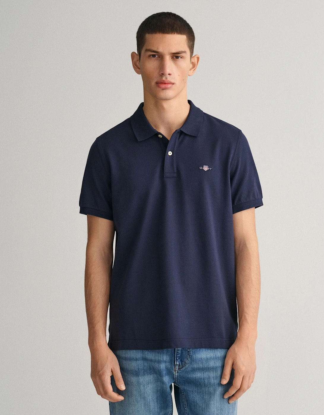 Gant Men's Navy Regular Fit Short Sleeve Shield Logo Pique Polo - - : 48/Regular 4XL
