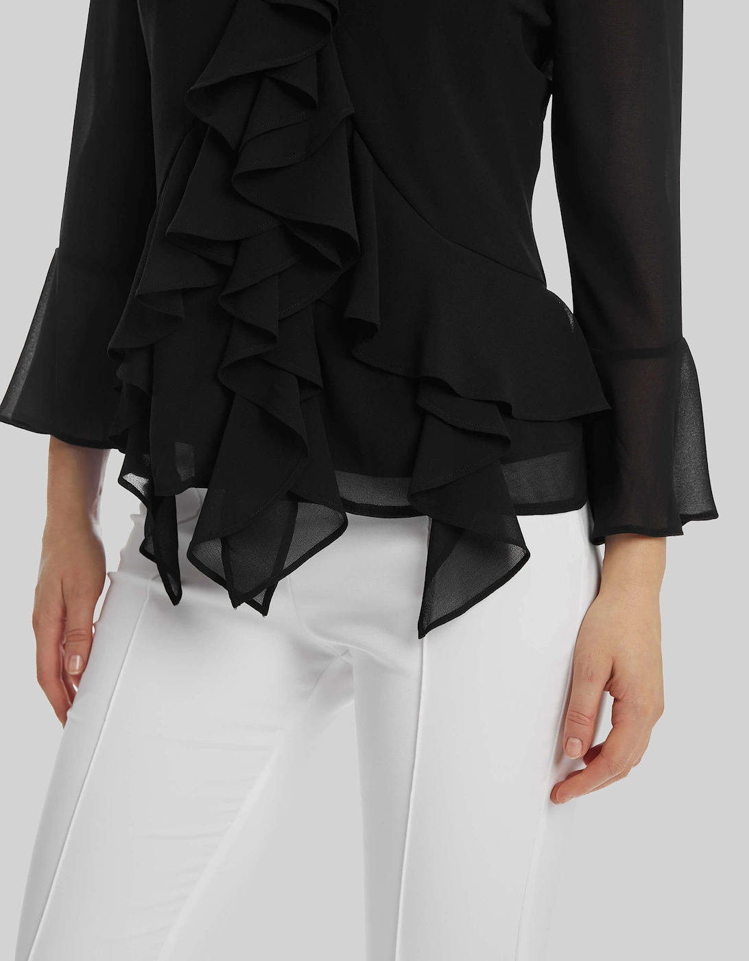 V-neck Chiffon Ruffle Blouse In Black