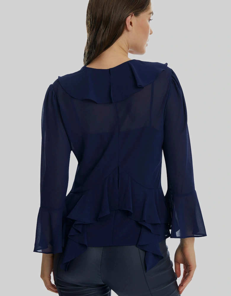 V-neck Chiffon Ruffle Blouse In Navy