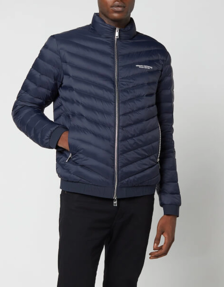 Men's Nylon Down Padded Jacket - Navy/Melange Grey