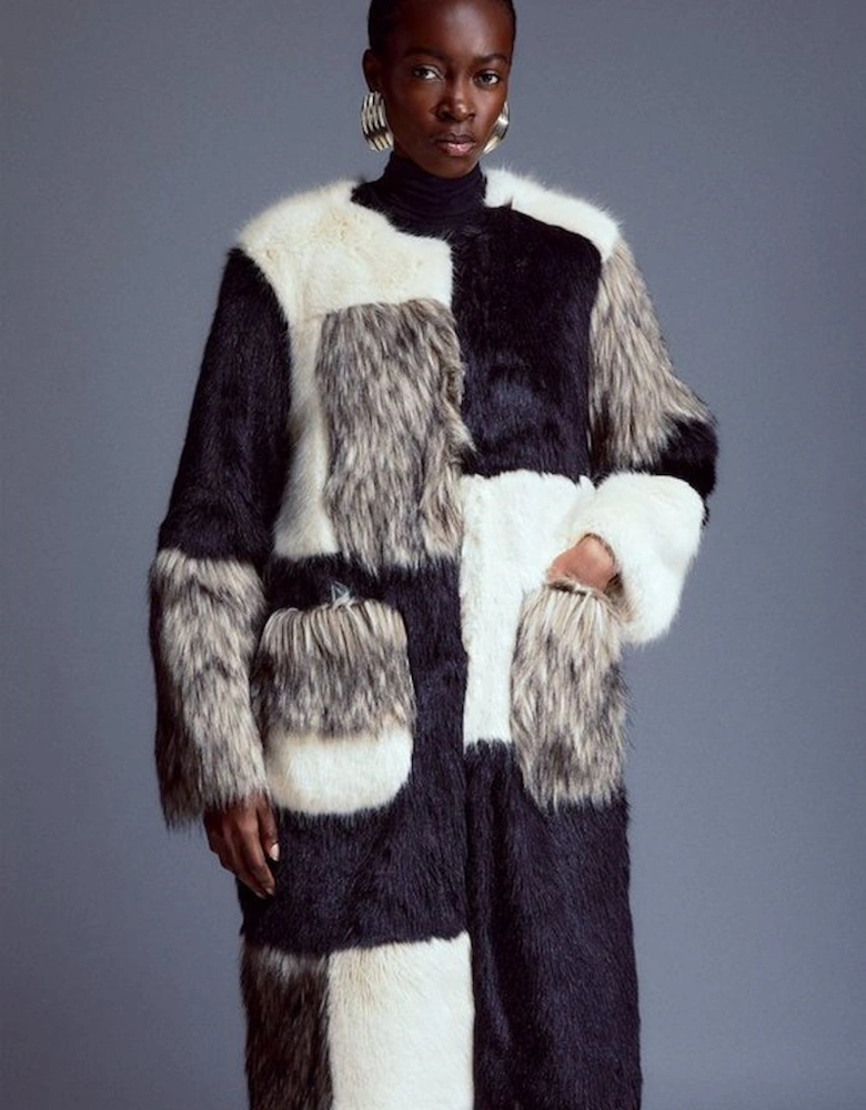 Tall Faux Fur Patchwork Contrast Coat