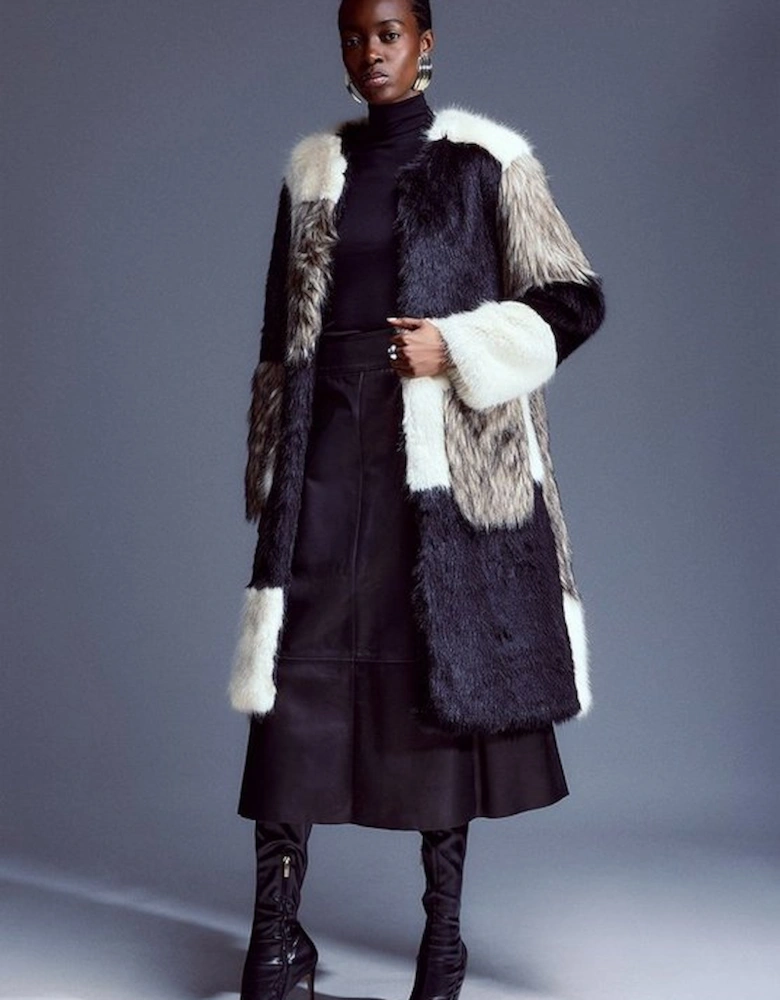 Tall Faux Fur Patchwork Contrast Coat