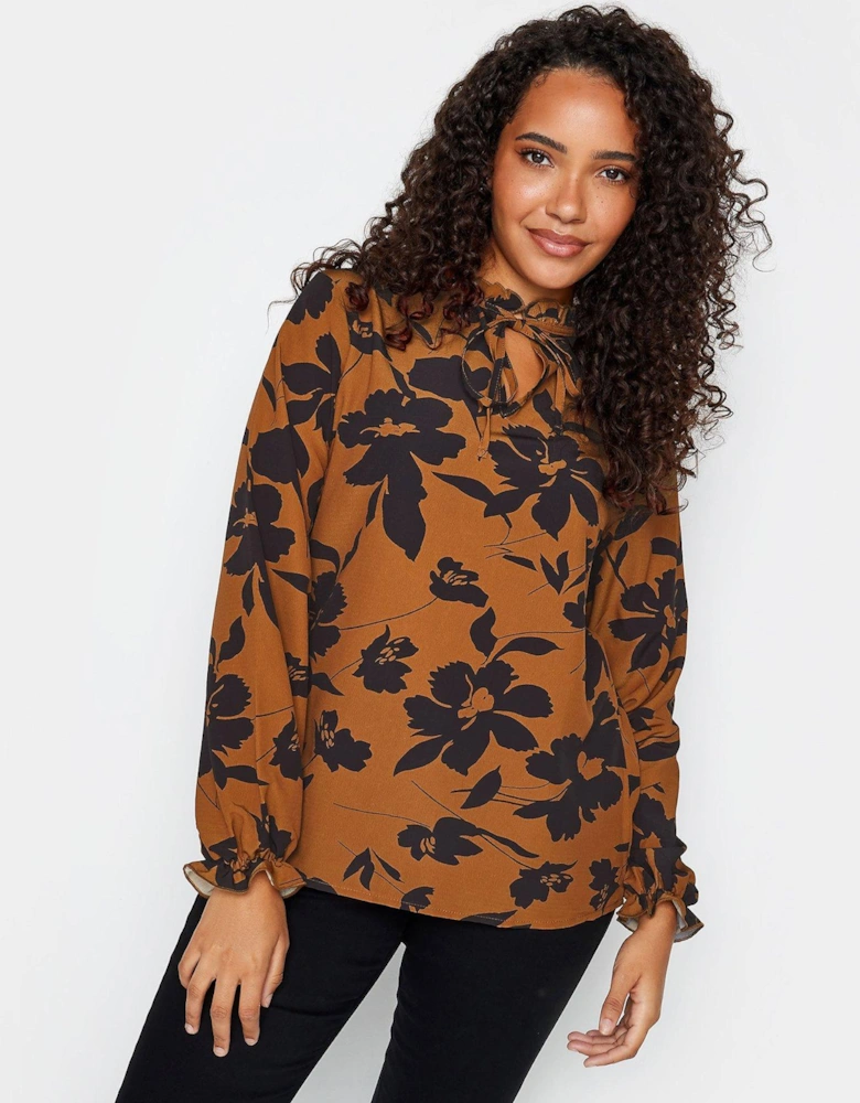 Floral Tie Neck Blouse - Brown