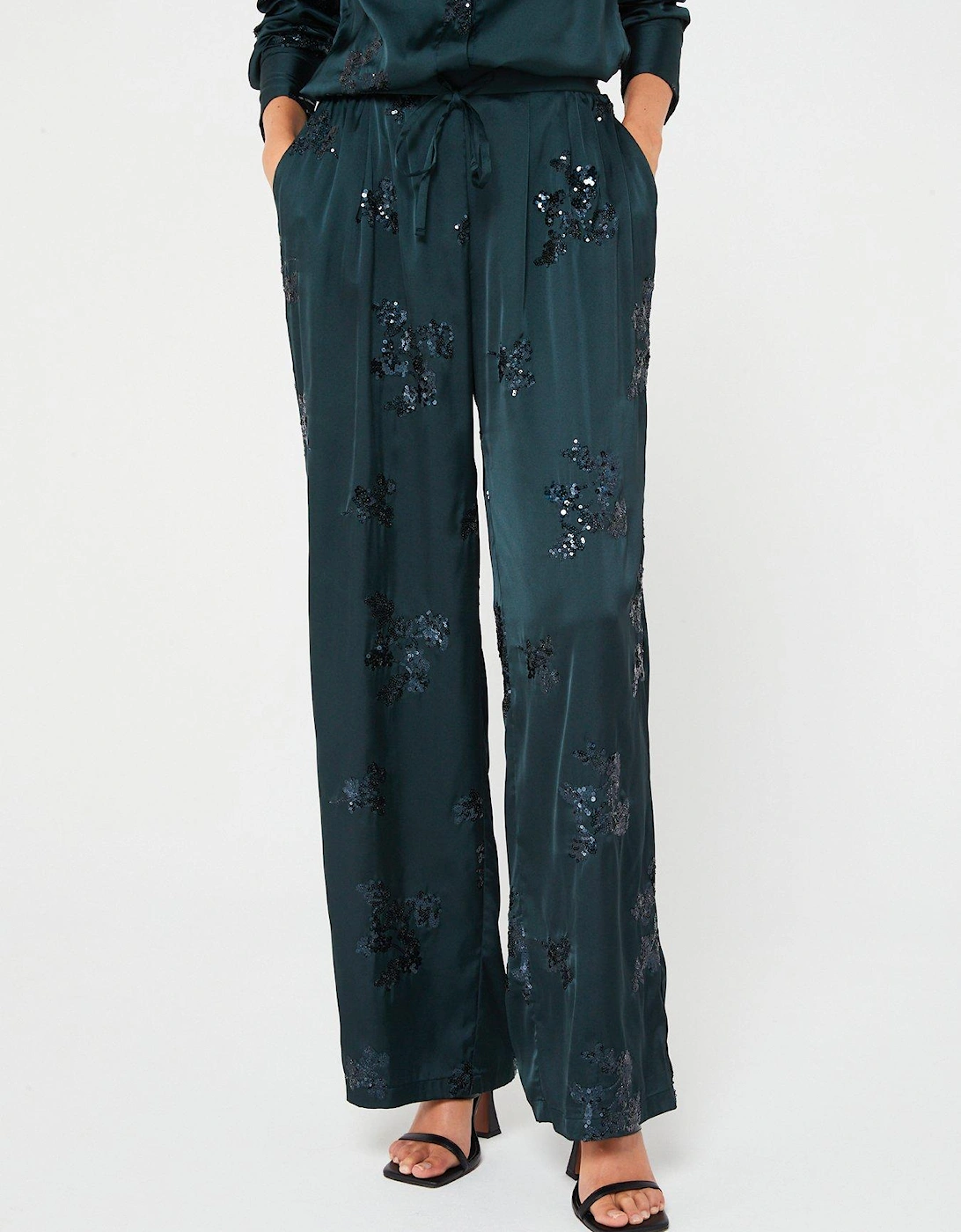 Satin Sequin Co-ord Trousers - Dark Green , 7 of 6