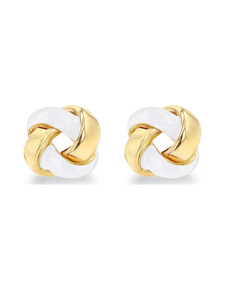 Sterling Silver Yellow Gold Plated White Enamel Small Knot Stud Earrings