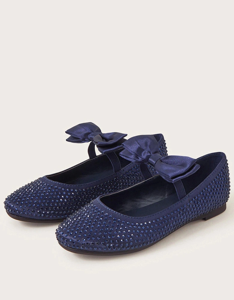 Girls Sling Satin Bow Shoes - Navy