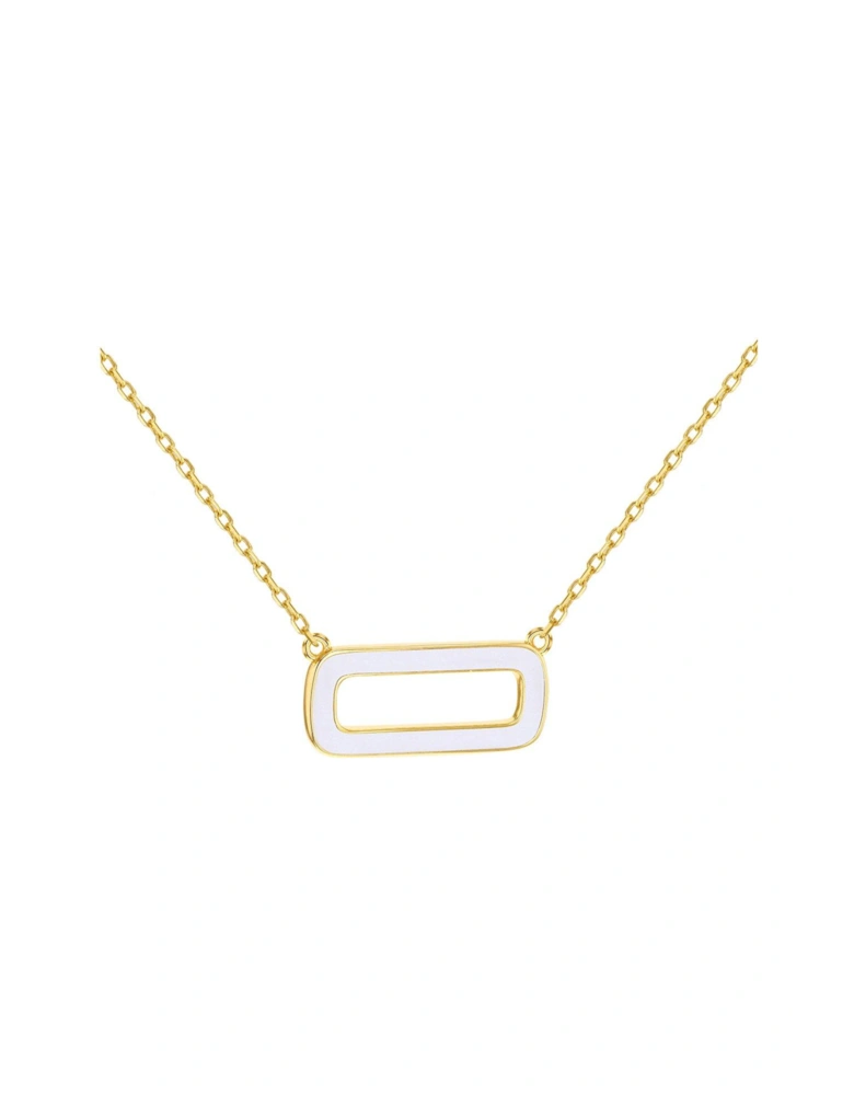 Sterling Silver Yellow Gold Plated White Enamel Rectangle Frame Necklace