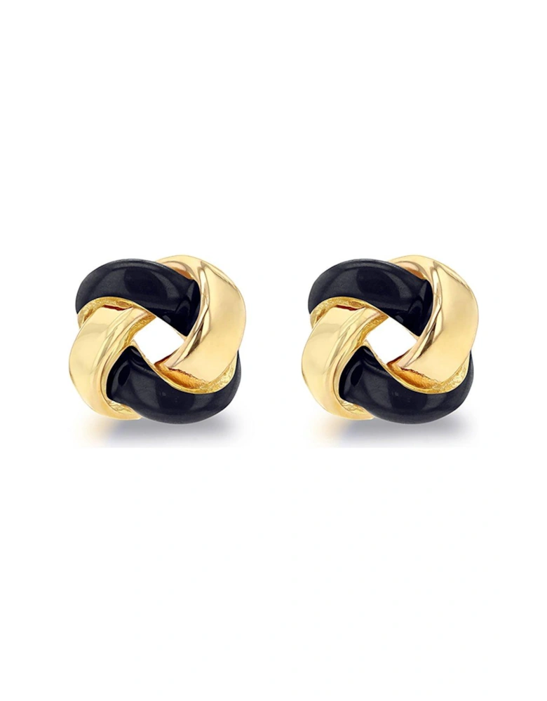 Sterling Silver Yellow Gold Plated Black Enamel Small Knot Stud Earrings