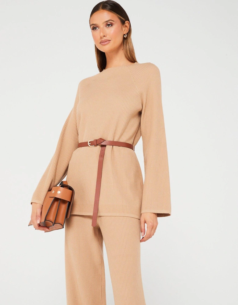 Long Sleeve Belted Knitted Rib Co-ord Top - Beige