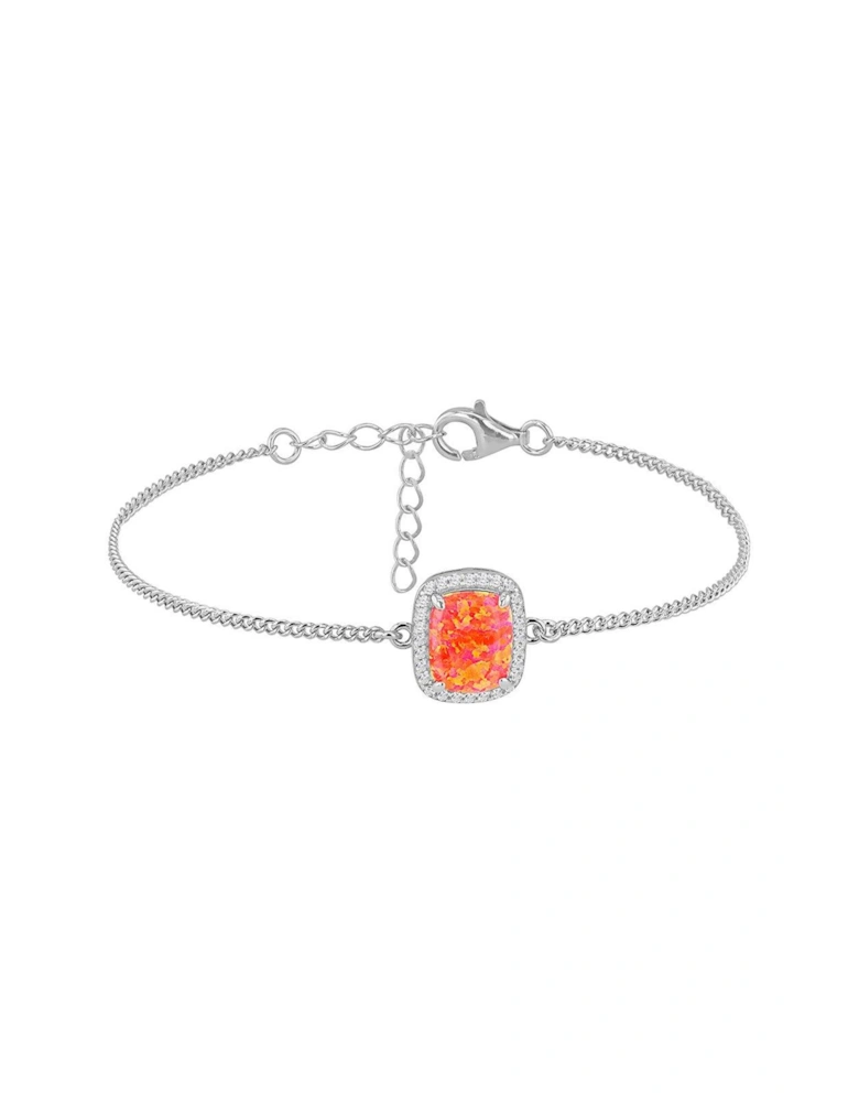 Sterling Silver Synthetic Orange Opal and White CZ Halo Bracelet
