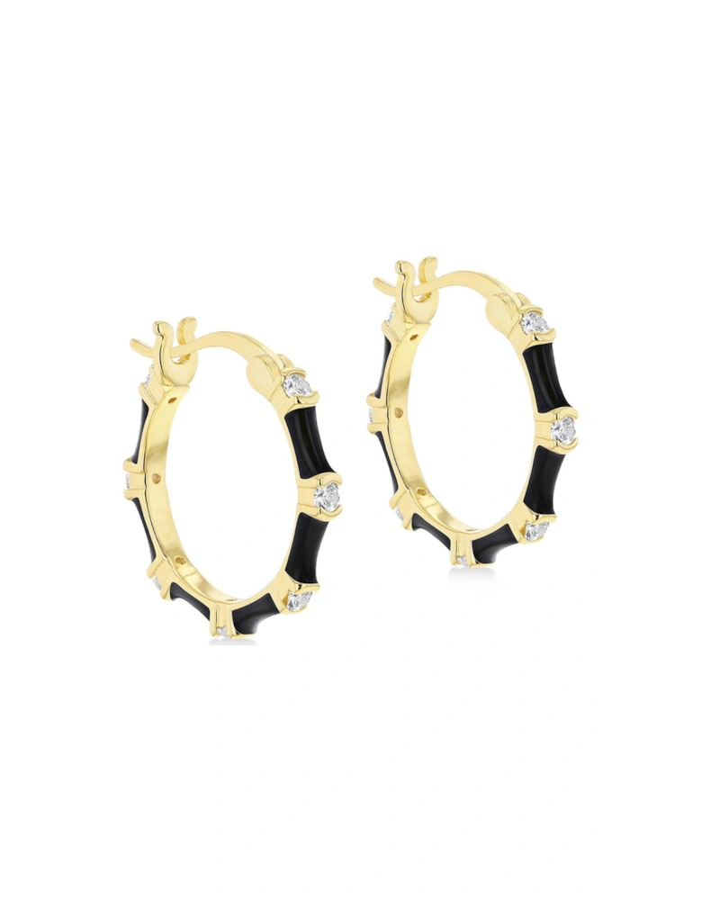 Sterling Silver Yellow Gold Plated Round White CZs 20mm Black Enamel Hoop Creole Earrings