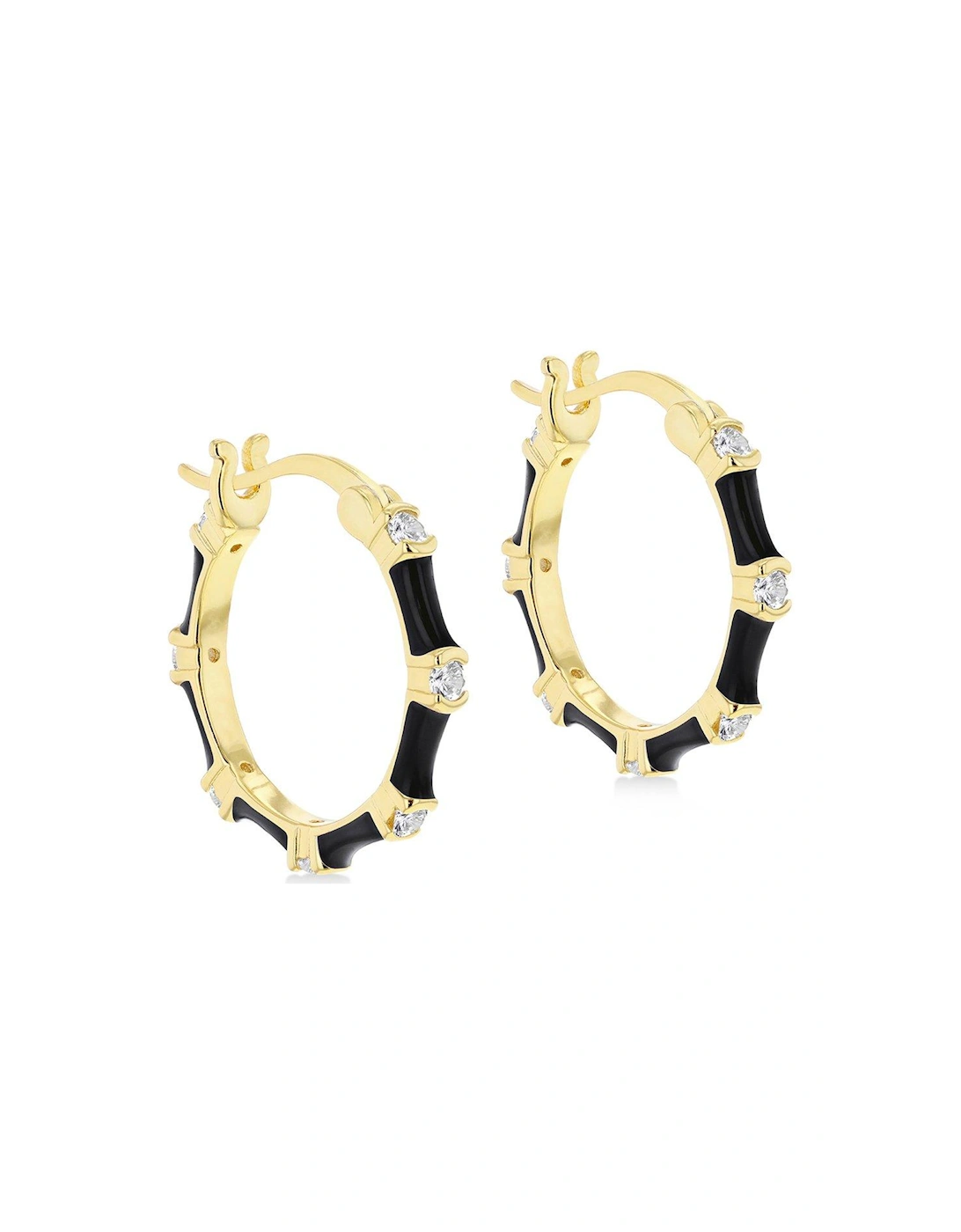 Sterling Silver Yellow Gold Plated Round White CZs 20mm Black Enamel Hoop Creole Earrings, 2 of 1