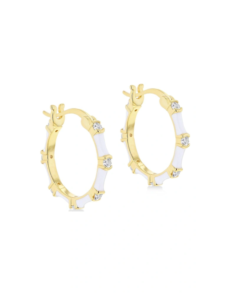 Sterling Silver Yellow Gold Plated Round White CZs 20mm White Enamel Hoop Creole Earrings
