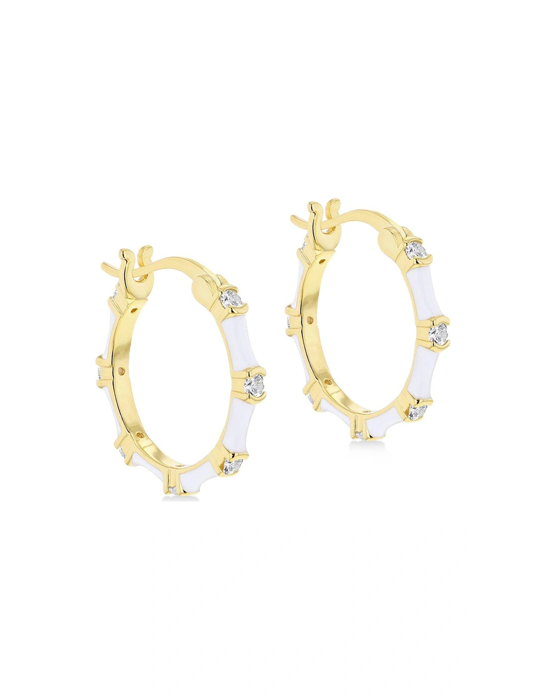 Sterling Silver Yellow Gold Plated Round White CZs 20mm White Enamel Hoop Creole Earrings, 2 of 1