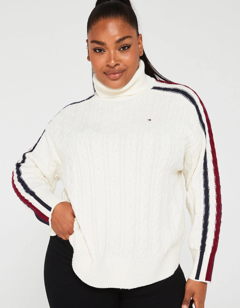 Curve Stripe Cable Knit Roll Neck Jumper - White