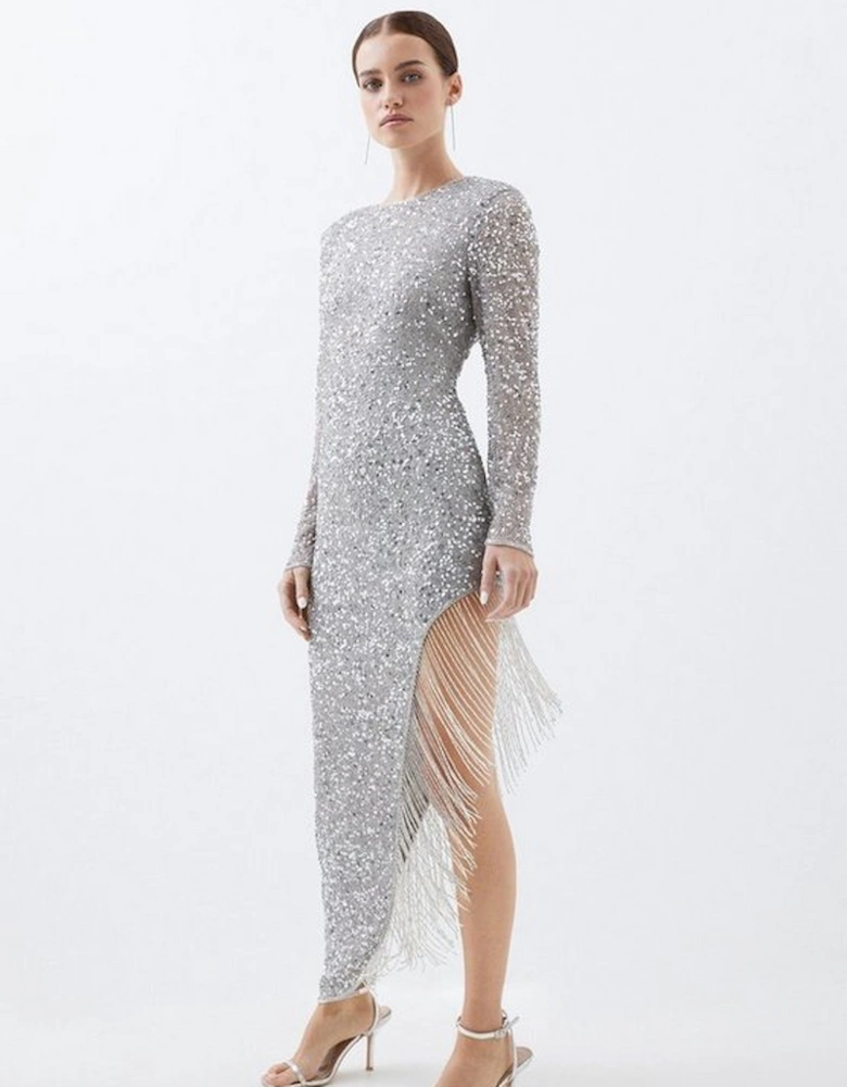 Petite Thigh High Split Embellished Fringed Woven Midi Dress