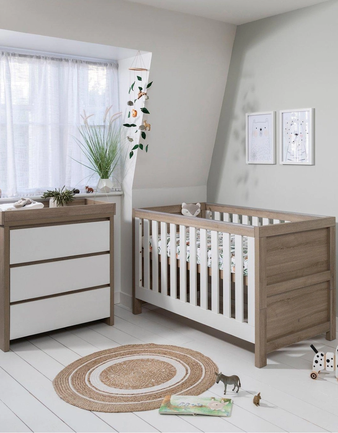 Modena 2 Piece Furniture Set - White/Oak (Cot Bed, Sprung Mattresss and Chest Changer), 2 of 1